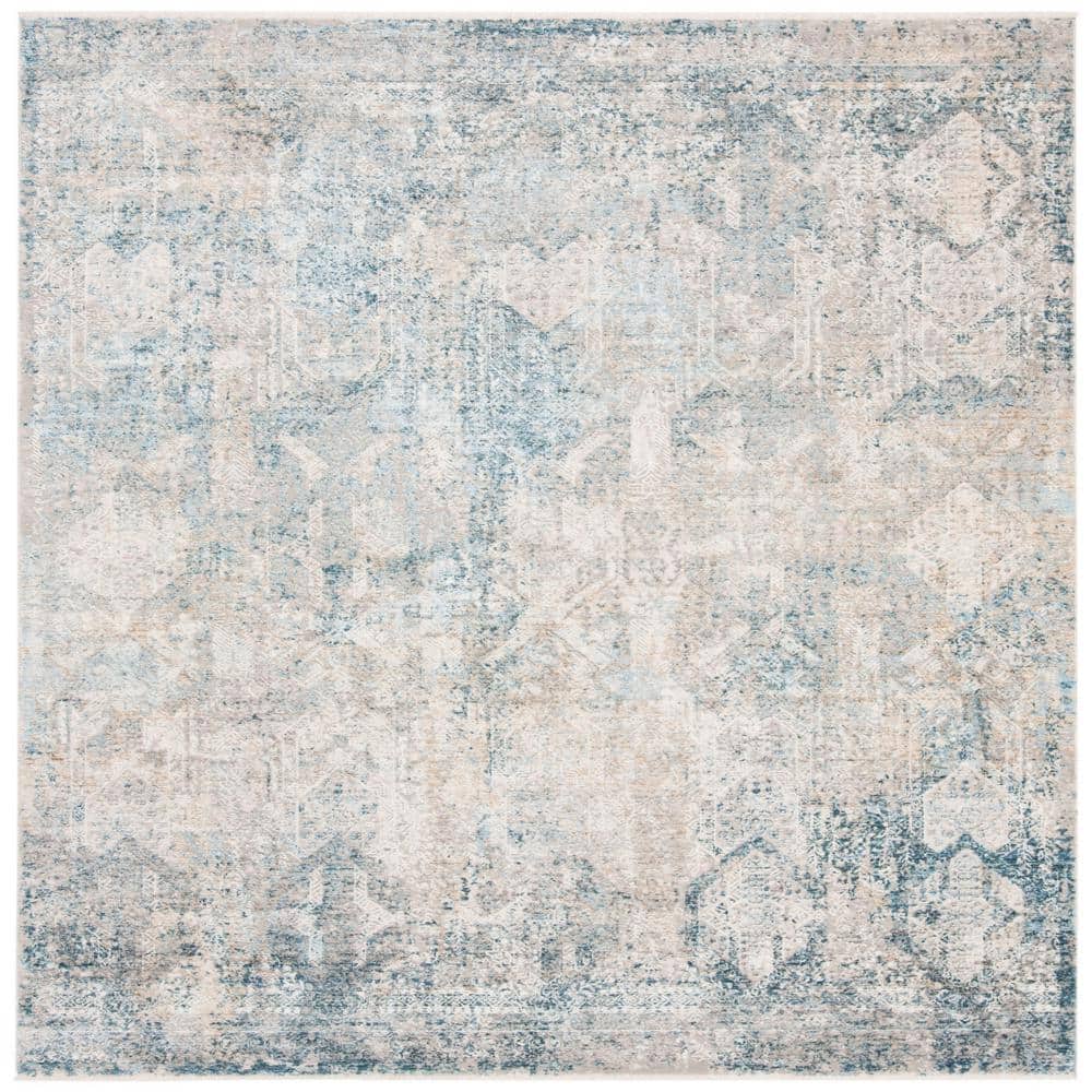 Gray and Blue Hand-Knotted Square Viscose Area Rug