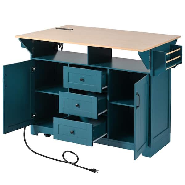Runesay Farmhouse Green Wood 55.75 in. Power Outlet Large Rolling Kitchen Island Cart Folding Storage Table with 2 Drop Leaves