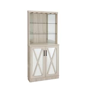 Home Source White Oak Corner Bar Cabinet with Mirrored Panels