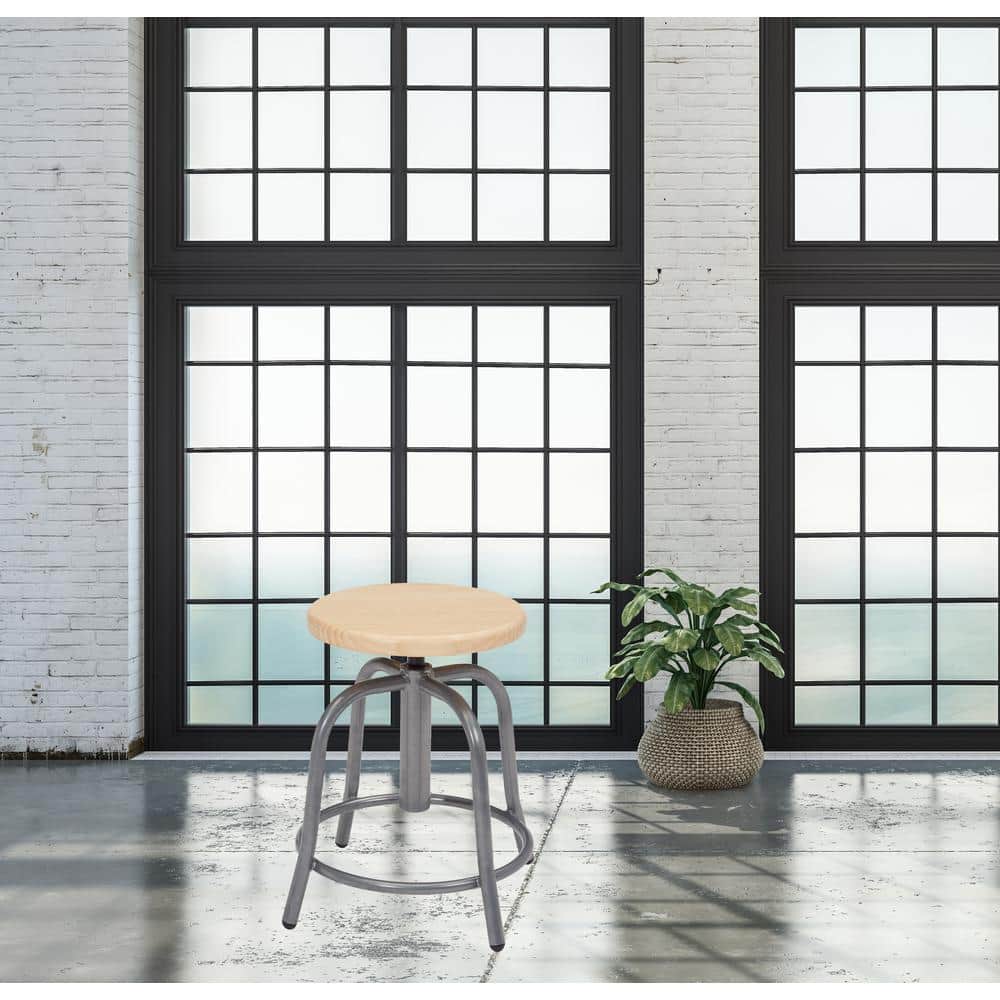 Adjustable Swivel Oak and Gray Metal Stool, 15"-25" Height
