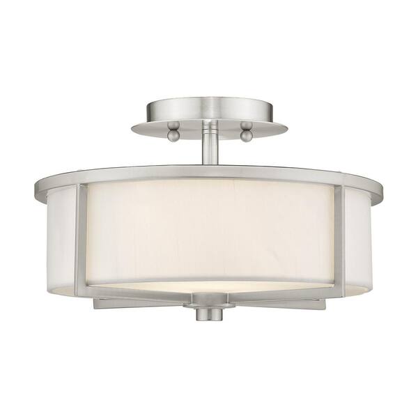 Livex Lighting 51074-12 Wesley Collection 3-Light Semi Flush Mount Ceiling Light with Off-White Hardback Fabric Shade Satin Brass