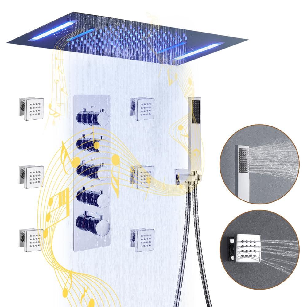 Chrome Ceiling Mounted LED Shower System with Bluetooth Speaker