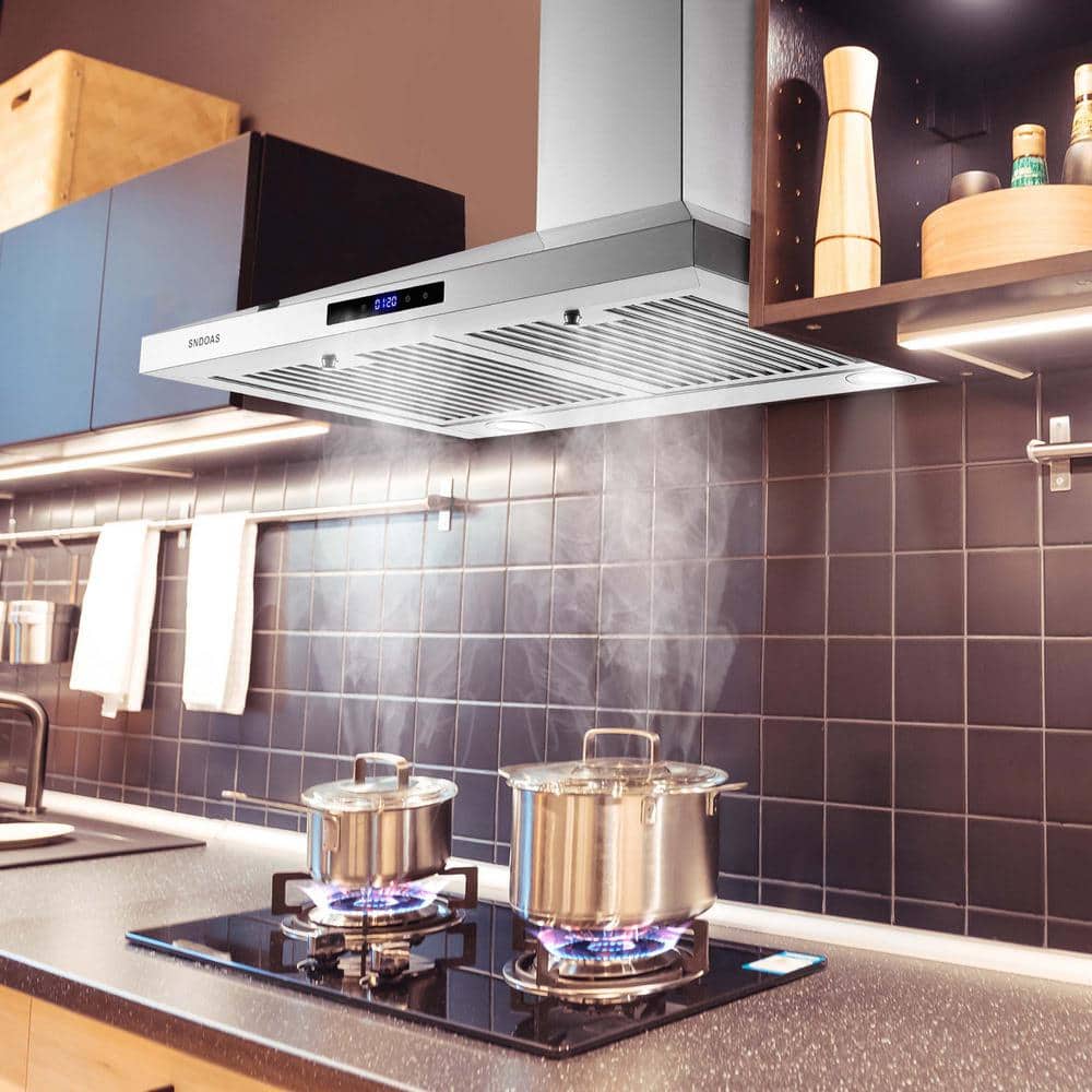 30 in. 350CFM Ducted Insert Range Hood in Sliver Stainless Steel Wall Mount Range Hood Tempered Glass LED Lights