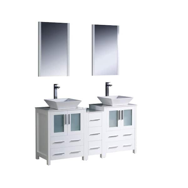 Fresca Torino 60 in. Double Vanity in White with Glass Stone Vanity Top in White with White Basins and Mirrors