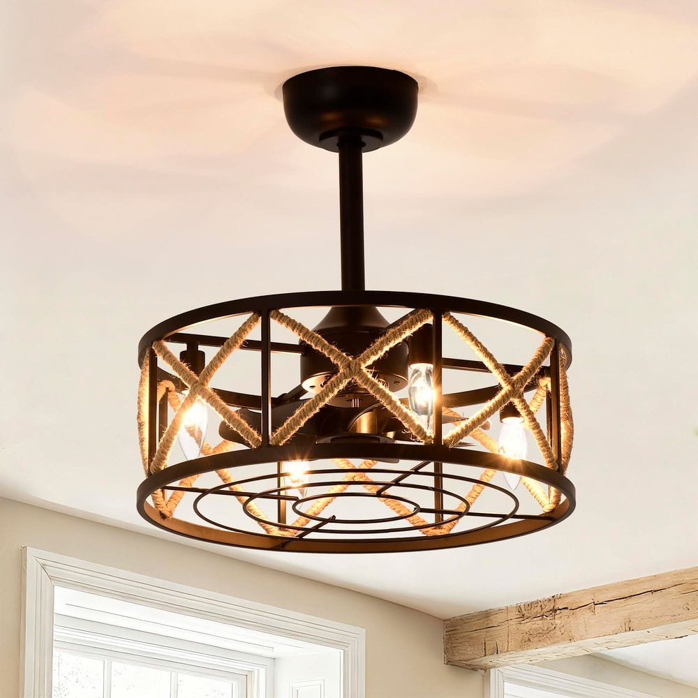 Fan Ger Rpe Maxax 12 in. Sand Black Iron Rope Indoor Caged Ceiling Fan ETL for ...