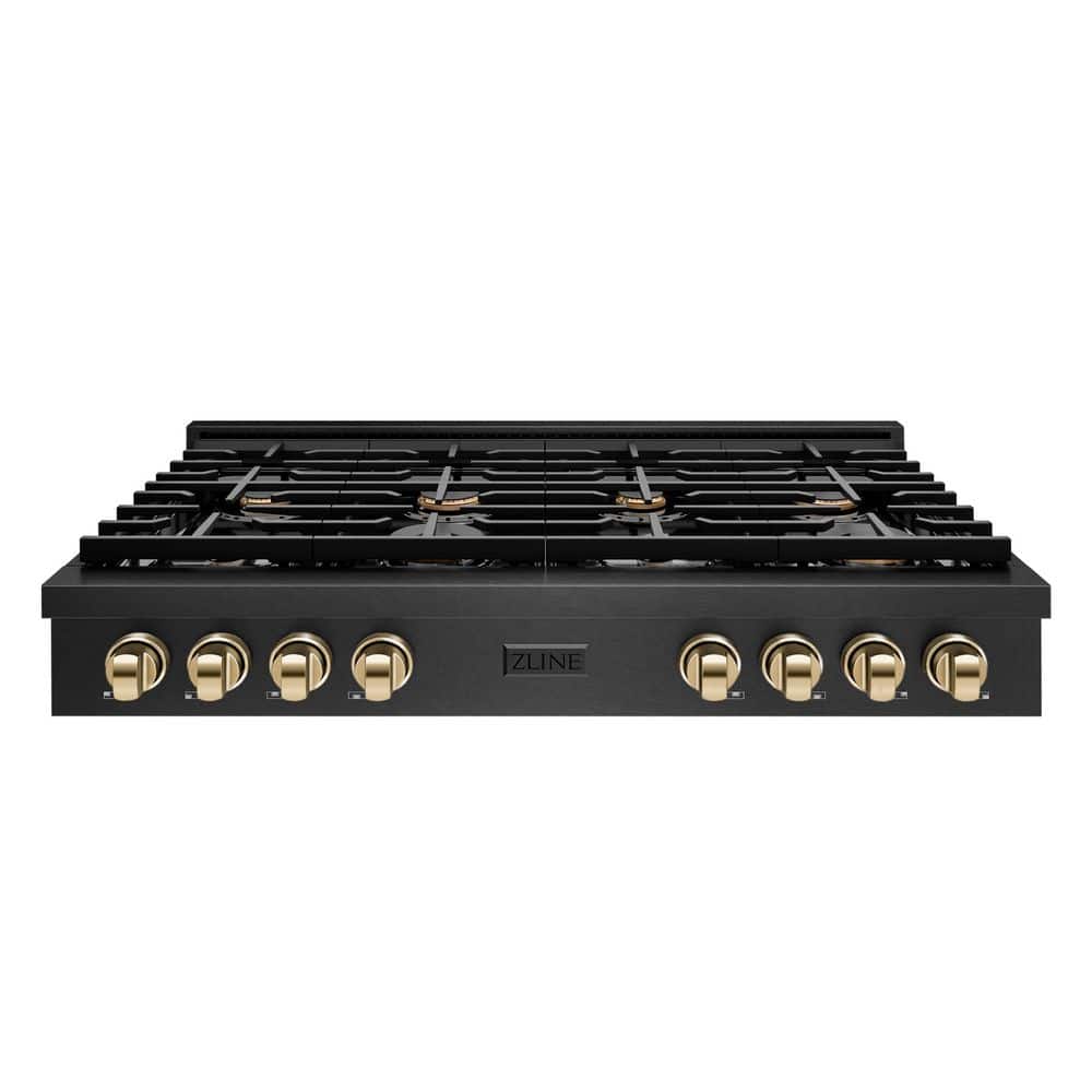 Autograph 48 in. Paramount Gas Rangetop with 8 Burners and Porcelain Cooktop in Black Satin with Gold Accents