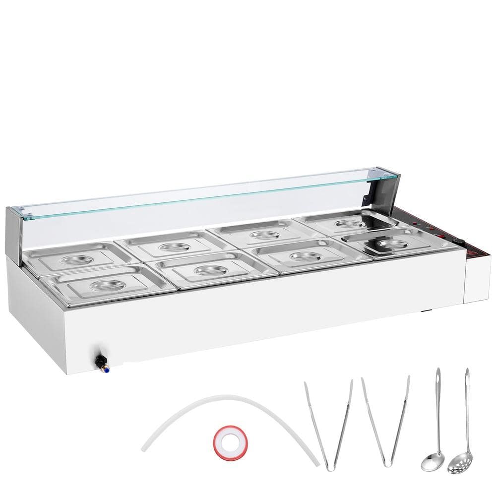 8-Pan Commercial Food Warmer 8 x 8 qt. Electric Steam Table with Glass Cover 1700W Countertop Stainless Steel Buffet