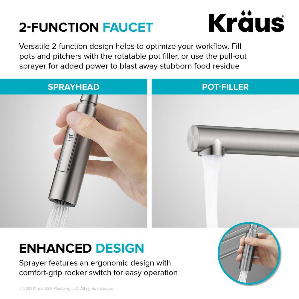 Brushed Brass Commercial Style Pull-Down Kitchen Faucet with Pot Filler