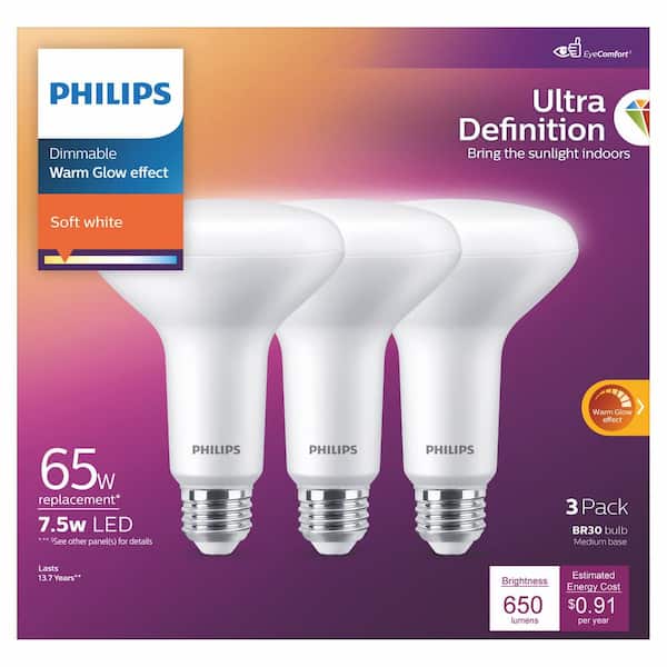 Philips 65-Watt Equivalent BR30 Ultra Definition E26 LED Light Bulb Soft White with Warm Glow 2700K (3-Pack) 576769 - The Home Depot