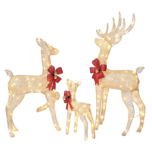 48 in. 210 LED Lights Metal Reindeer Family Christmas Yard Decor in Gold