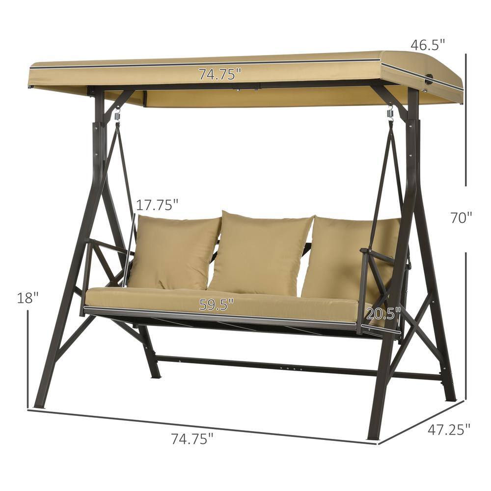 Khaki Cushioned 3-Person Brown Steel Patio Swing with Adjustable Canopy