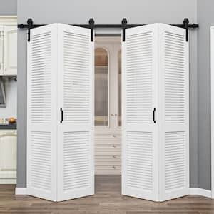 80 in. x 84 in. Solid Core White Finished MDF Louver Closet Bi-Fold Sliding Barn Door Slab with Hardware Kit