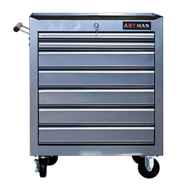 12.9 in. W 7 Drawer Rolling Metal Black Tool Cabinet with Lock, 4 Wheels Tool Carts with Workbench and Push Rod