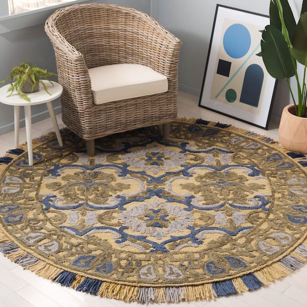 Blossom 6 ft. x 6 ft. Round Gold/Blue Border Area Rug
