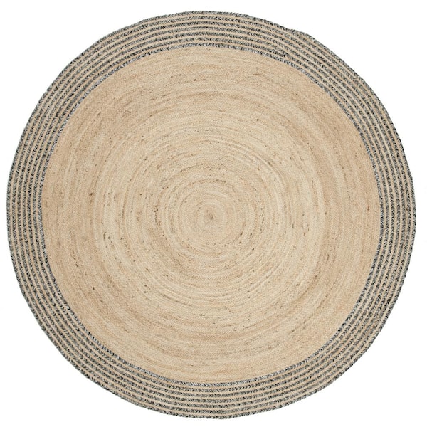 SAFAVIEH Cape Cod Ivory/Steel Gray 7 ft. x 7 ft. Striped Border Solid Color Round Area Rug