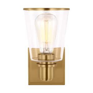 Alessa 5 in. W x 9.375 in. H 1-Light Burnished Brass Dimmable Transitional Wall Sconce with Clear Glass Shade
