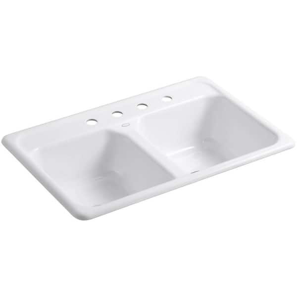 KOHLER Delafield Drop-In Cast Iron 33 in. 4-Hole Double Bowl Kitchen Sink in White