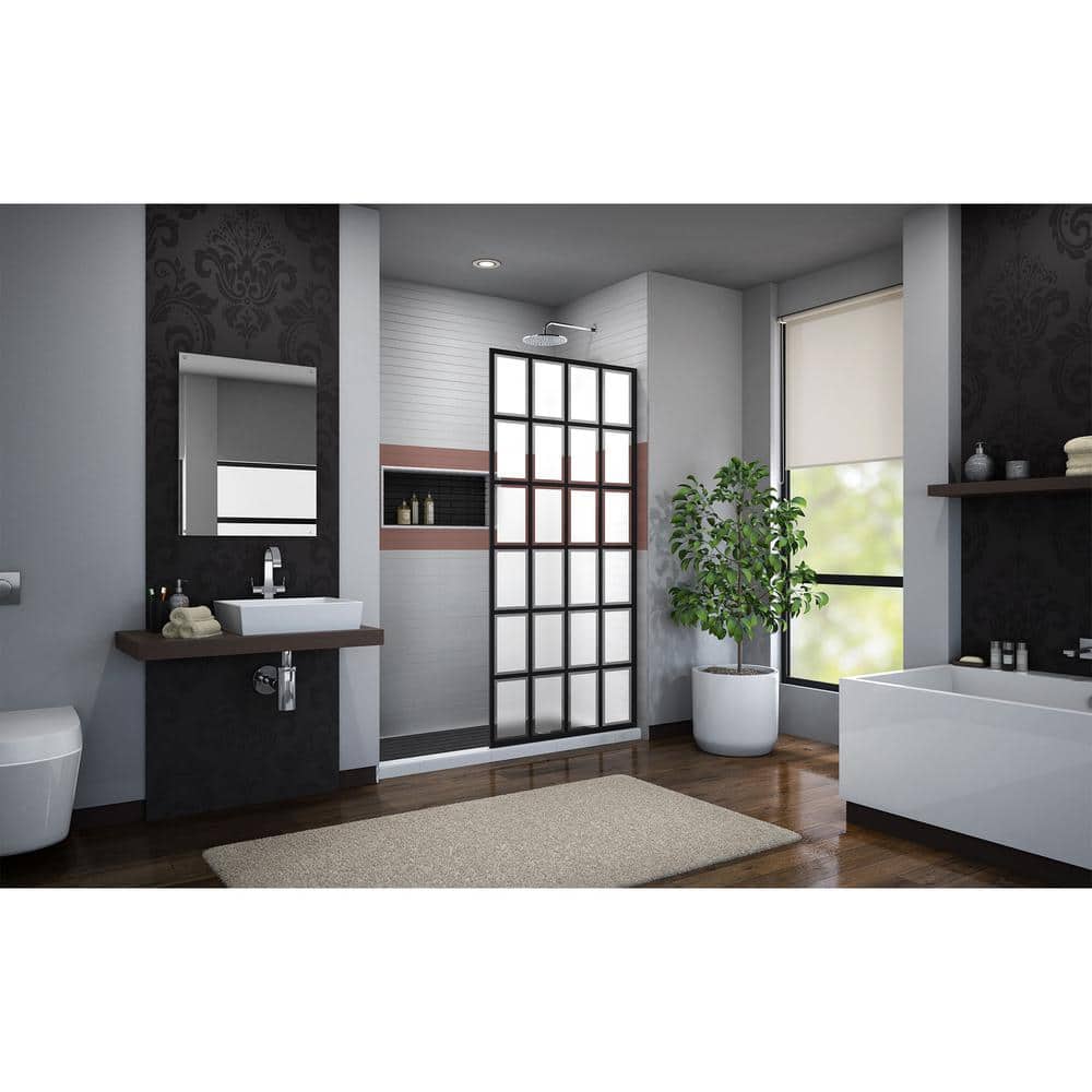 French Linea 34" Black Frameless Frosted Glass Shower Door