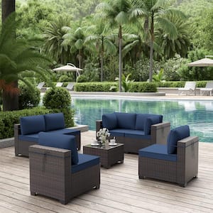 7-Piece Wicker Outdoor Patio Furniture Sectional Set with Navy Blue Cushions and Coffee Table