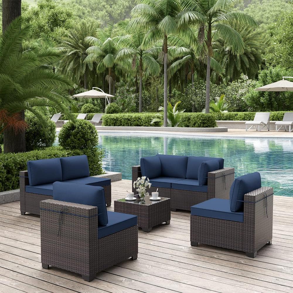 7-Piece Wicker Outdoor Patio Furniture Sectional Set with Navy Blue Cushions and Coffee Table price history on PriceWatchPro