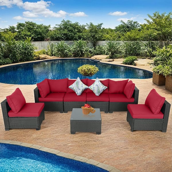 Unbranded 7-Piece Dark Coffee Wicker Patio Outdoor Conversation Set with Red Cushions, Loveseat, Coffee Table and Storage Box