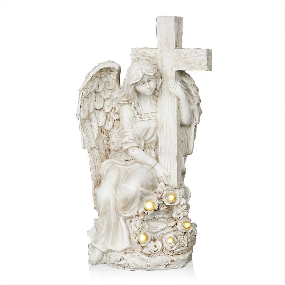 Solar Angel Holding Cross Statue with LED Lights