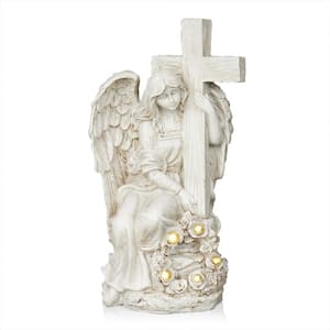 Solar Angel Holding Cross Statue with LED Lights