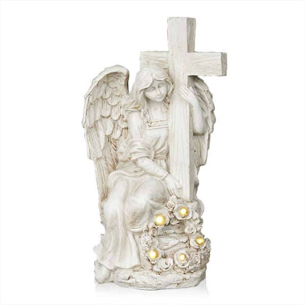 Alpine Corporation Solar Angel Holding Cross Statue with LED Lights