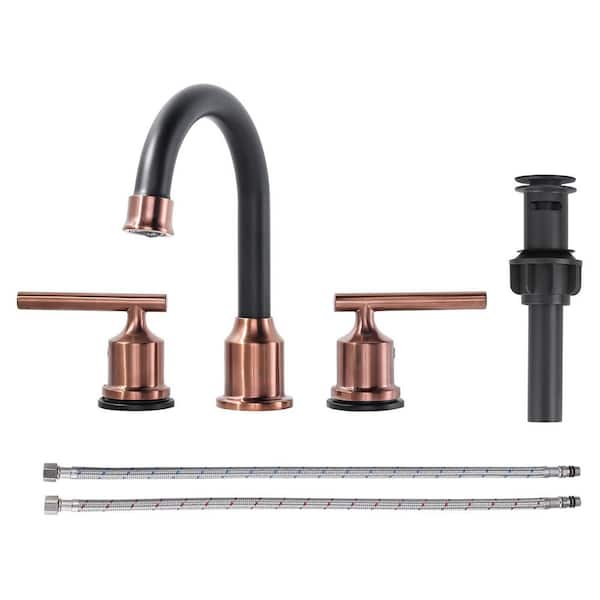 VEVETTA 8 in. Widespread 3-Holes Double Handle Bathroom Faucet with Pop Up Drain and Supply Hoses in Rose Gold and Black