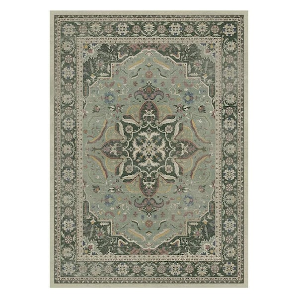 Samar Machine Washable Green 5 ft. x 7 ft. Medallion Indoor Area Rug