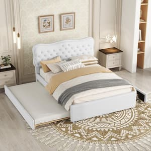 Button Tufted White Wood Frame Full Size Linen Upholstered Platform Bed with 2-Drawer, Twin Size Trundle, Nailhead Trim