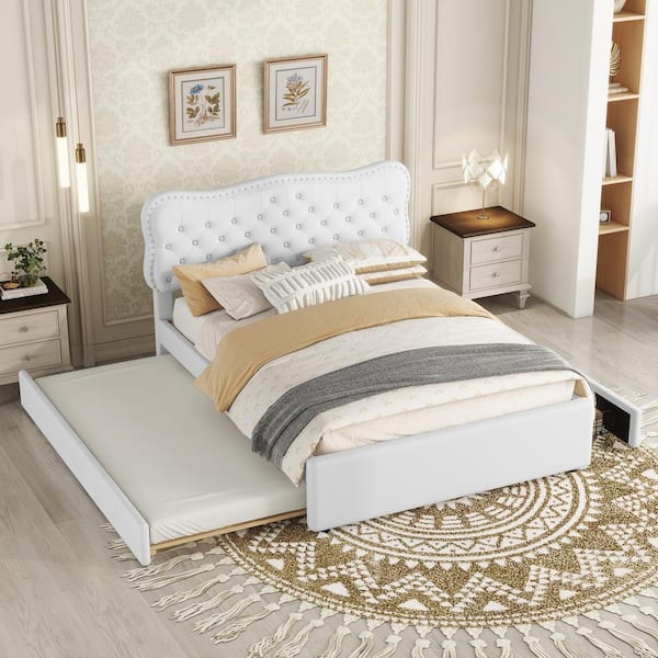 Harper & Bright Designs Button Tufted White Wood Frame Full Size Linen Upholstered Platform Bed with 2-Drawer, Twin Size Trundle, Nailhead Trim