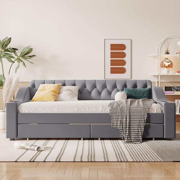 Gray Twin Size Daybed with Storage Armrests and USB Port