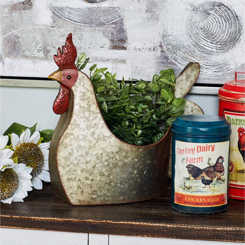 Gray Metal Rooster Novelty Planter for Indoor/Outdoor Use