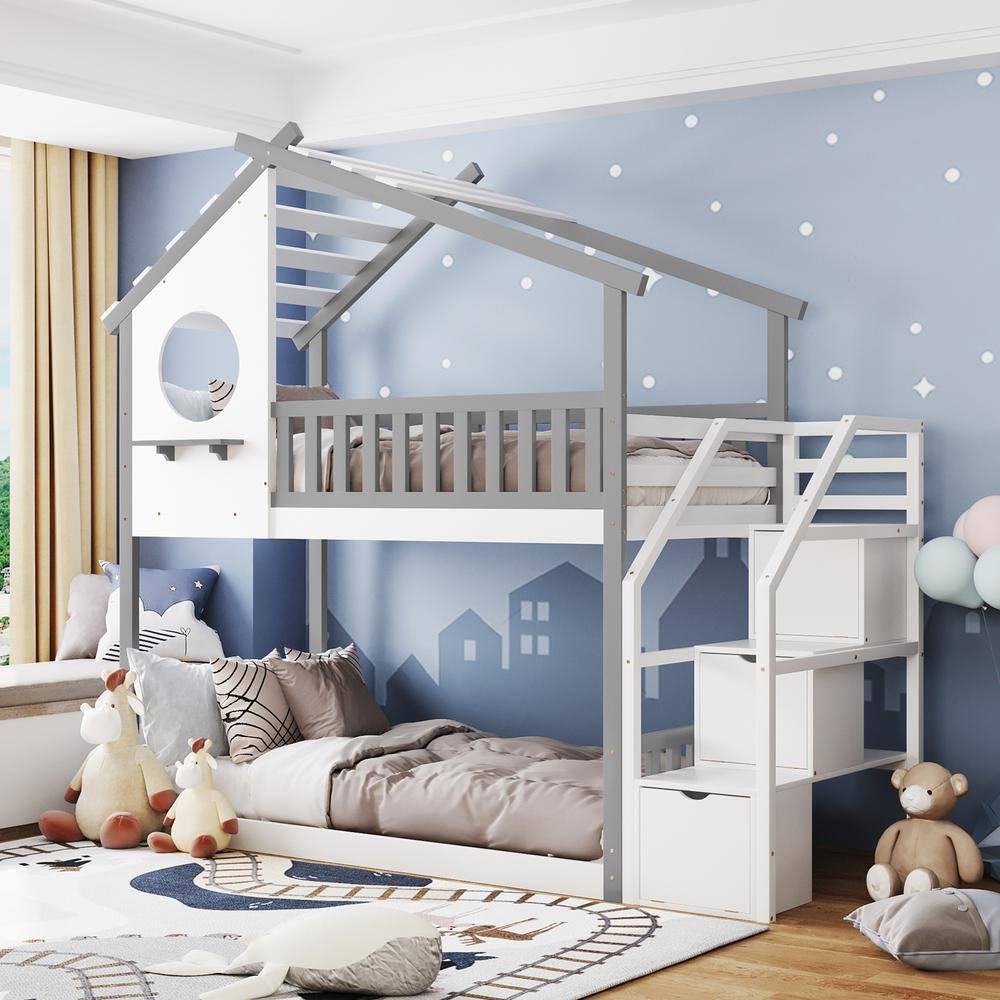 Harper & Bright Designs Gray Twin Wood House Bunk Bed with Storage Stairway - 1