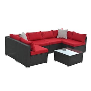 7 Piece Patio Furniture Sets Outdoor Furniture Seasonal PE Wicker Furniture with Red Cushions