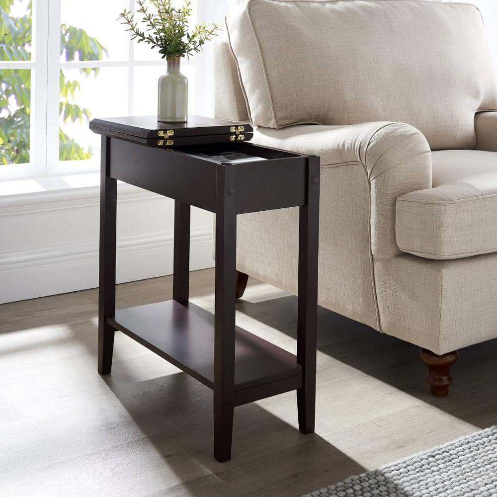 HOMESTOCK Espresso Narrow End Table with Storage, Flip Top Narrow Side ...