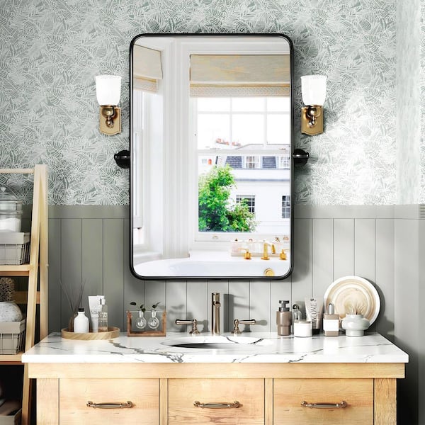 24 in. W x 36.2 in. H Modern Rectangular Black Metal Frame Pivot Wall Mirror/Bathroom Mirror (Screws Included)
