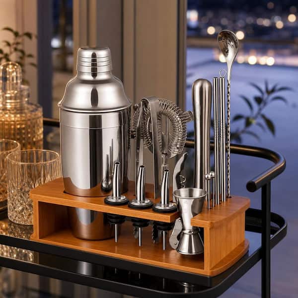 Wudkey Silver 24 oz. Cocktail Shaker Set Bartender Kit with Stand Martini Shaker, Jigger, Strainer, Muddler Liquor Pourer