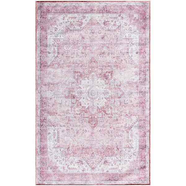 Washables Pink 3 ft. x 5 ft. Center medallion Traditional Area Rug