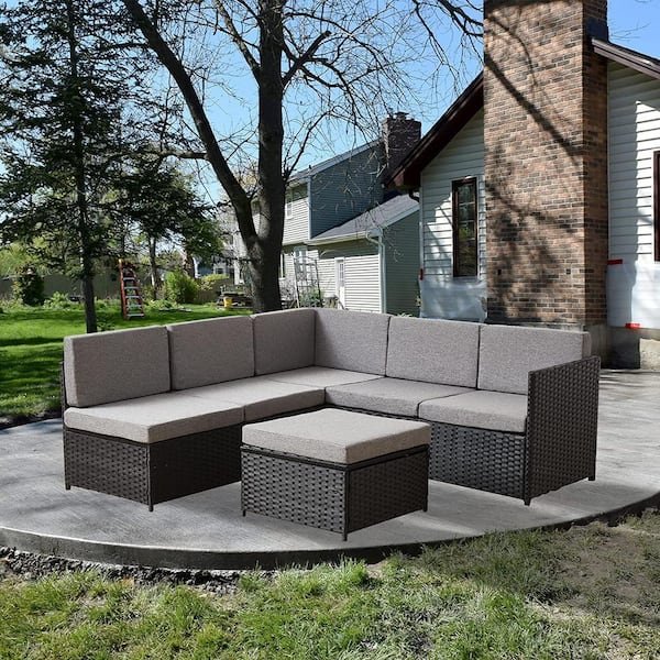 Black 4-Piece Wicker Patio Furniture Sets Outdoor Sectional Sofa Set Sectional with Light Grey Cushions and Table