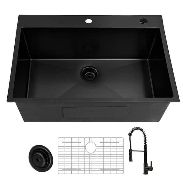 30 in. Drop-In Single Bowl 18 Gauge Black Stainless Steel Kitchen Sink with Pull-out Faucet and Bottom Grids
