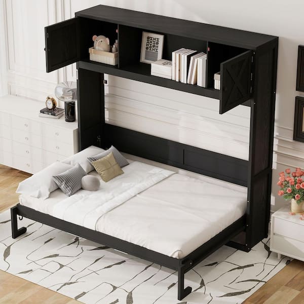 Rustic Black Solid Wood Frame Queen Size Murphy Bed with Storage Cabinets