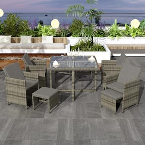 Arbe Gray 9-Piece Wicker Outdoor Dining Set with Gray Cushion and Glass Top