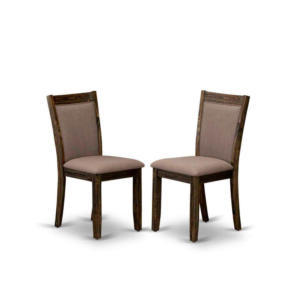 Distressed Jacobean Finish Round Wood Dining Table with 6 Linen Chairs