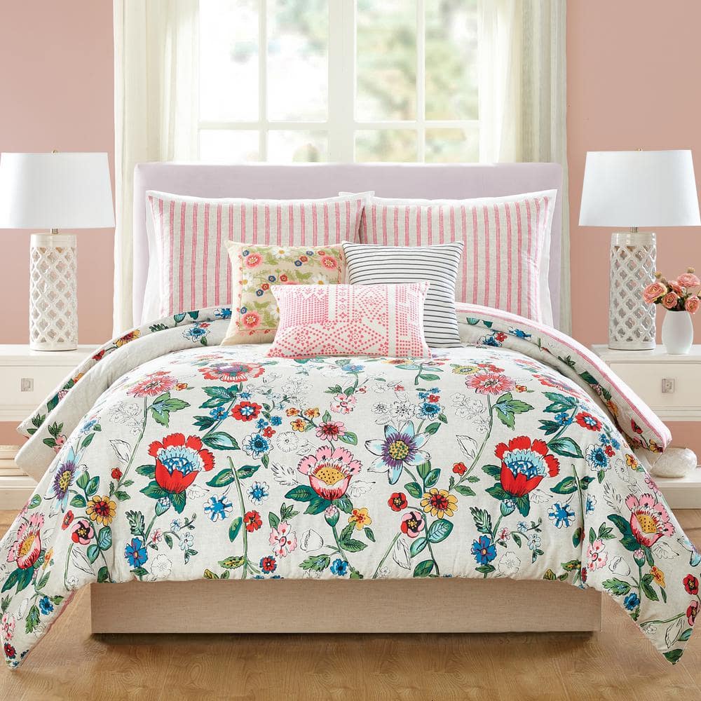 Laura Ashley- King Comforter Set, Reversible Cotton Bedding with Matching  Sham(s), Farmhouse Home Décor (Delphine Pink, King)