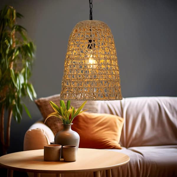 LNC Bohemian 60 W 1-Light Brown and Black Island Pendant Light with Handwoven Natural Rattan Shade, Rustic Ceiling Light