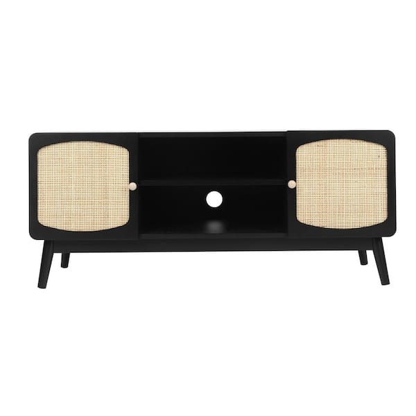 JASIWAY Modern Black TV Stand TV Console Fits TVs up to 48 in. with Rattan Doors