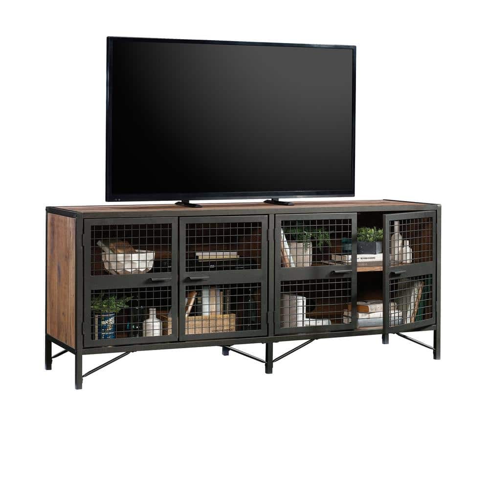 Vintage Oak and Black Industrial TV Stand with Mesh Doors