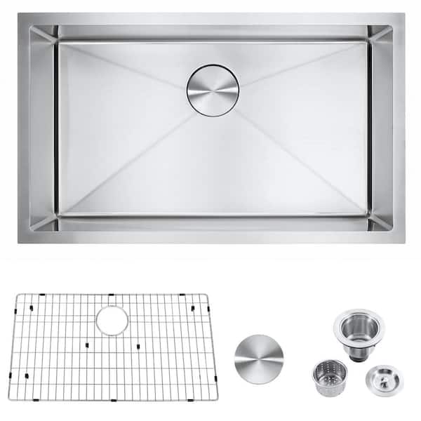 Brushed Nickel Stainless Steel 30 in. x 18 in. Single Bowl Undermount Kitchen Sink with Bottom Grid
